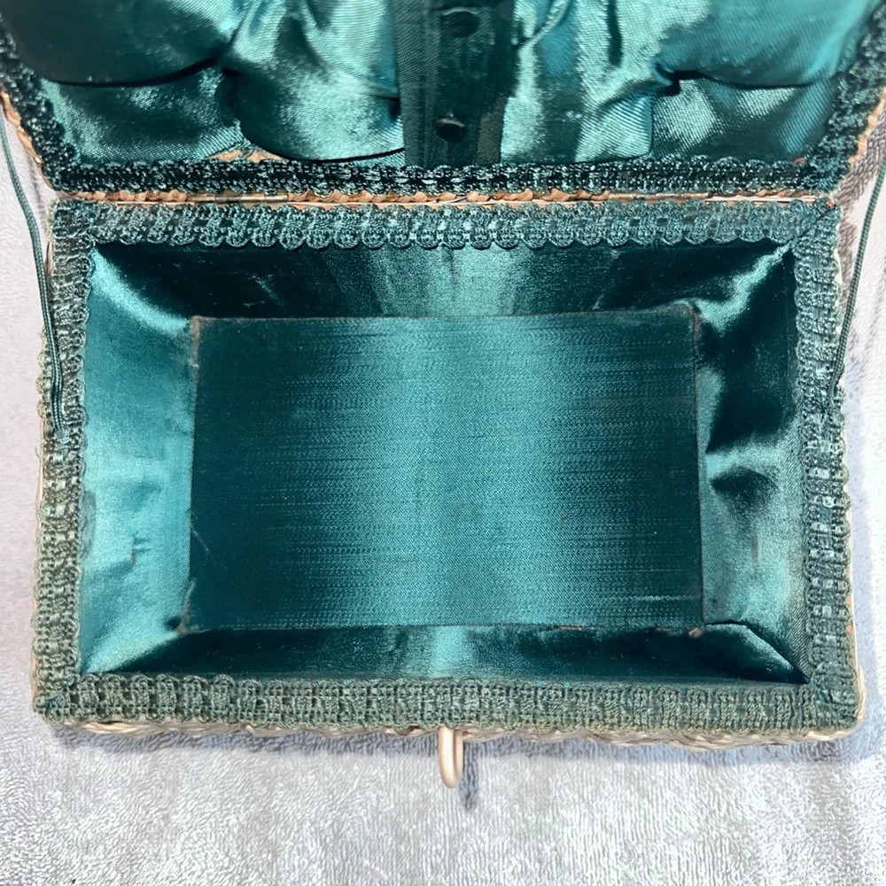 Vintage Braided Woven Wicker Sewing Basket Box Green Satin Lined Japan MCM